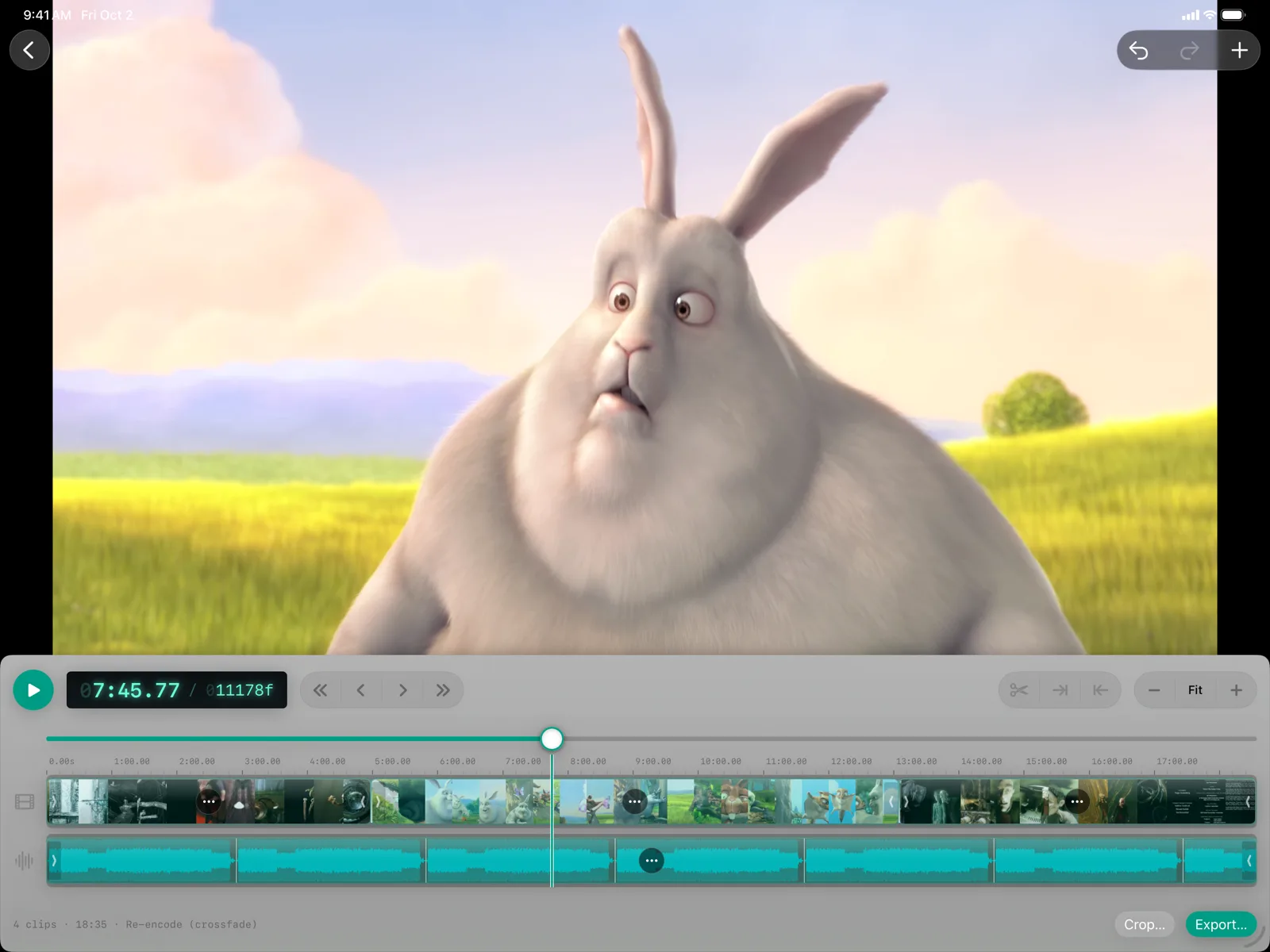 ChopShop on iPad — a video preview above a two-track timeline with four clips spanning 18:35, video thumbnails on top and the audio beneath