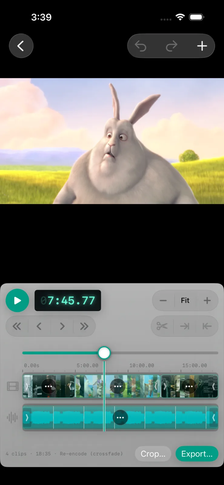 ChopShop on iPhone — the same preview and two-track timeline stacked for a phone, with the transport split across two rows