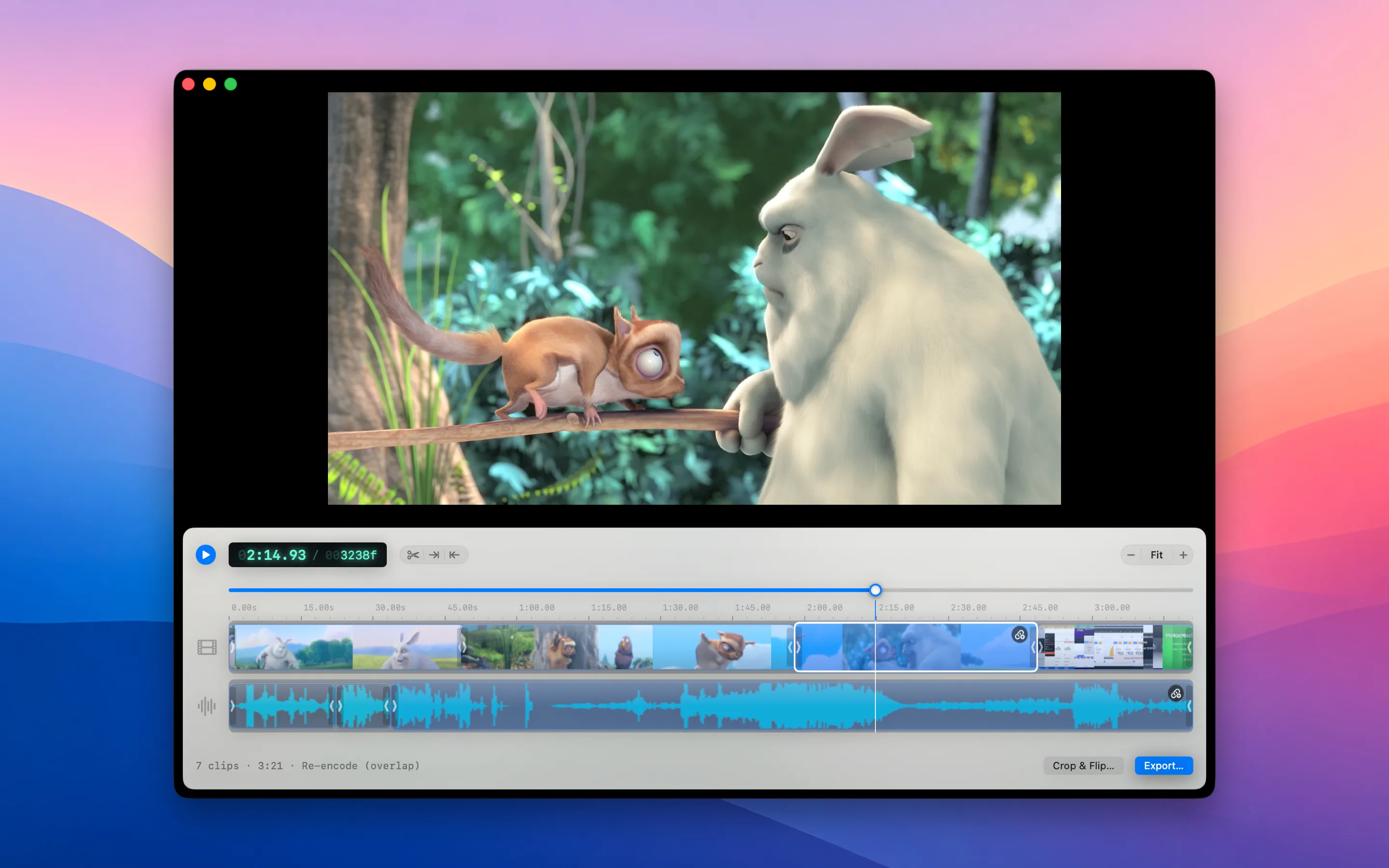 ChopShop playing an animated clip, with four clips spanning 18:35 on the two-track timeline — video thumbnails on top, the audio beneath — and the playhead parked mid-timeline