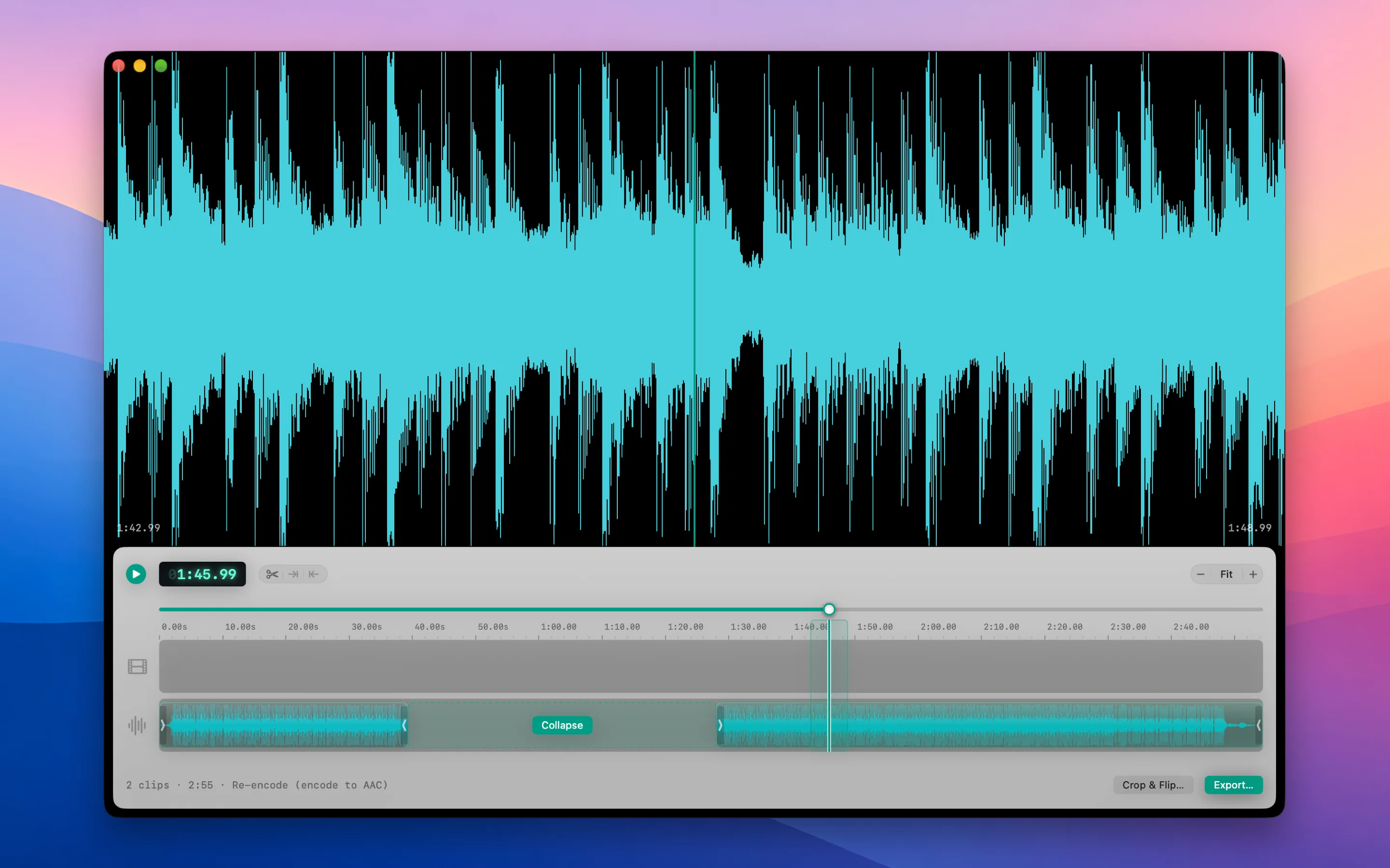 An audio session: the viewer shows a zoomed waveform around the playhead while the timeline offers a Collapse button over the gap between two clips