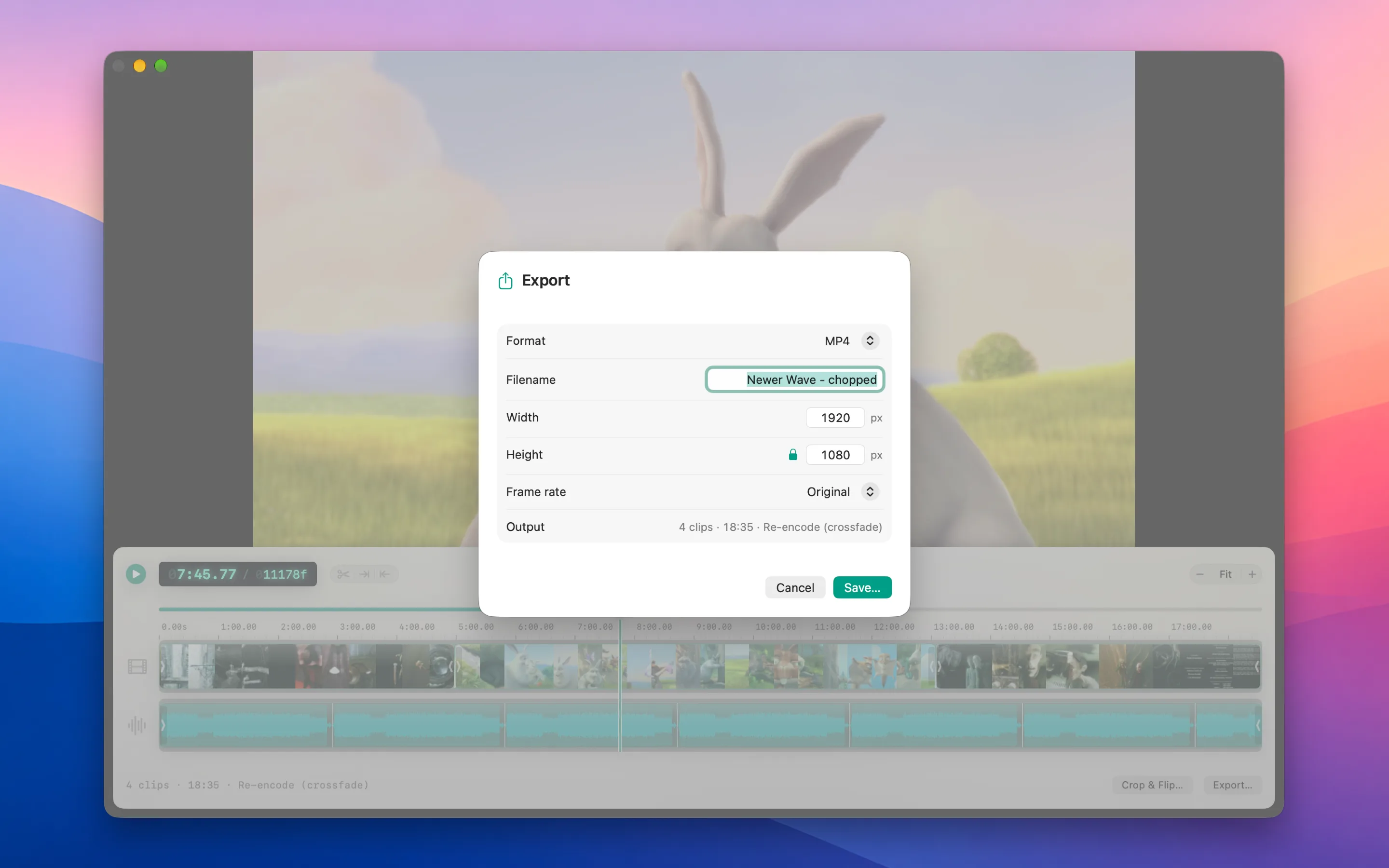 The Export sheet: format, filename, width and height for a four-clip, 18:35 export re-encoded for a crossfade