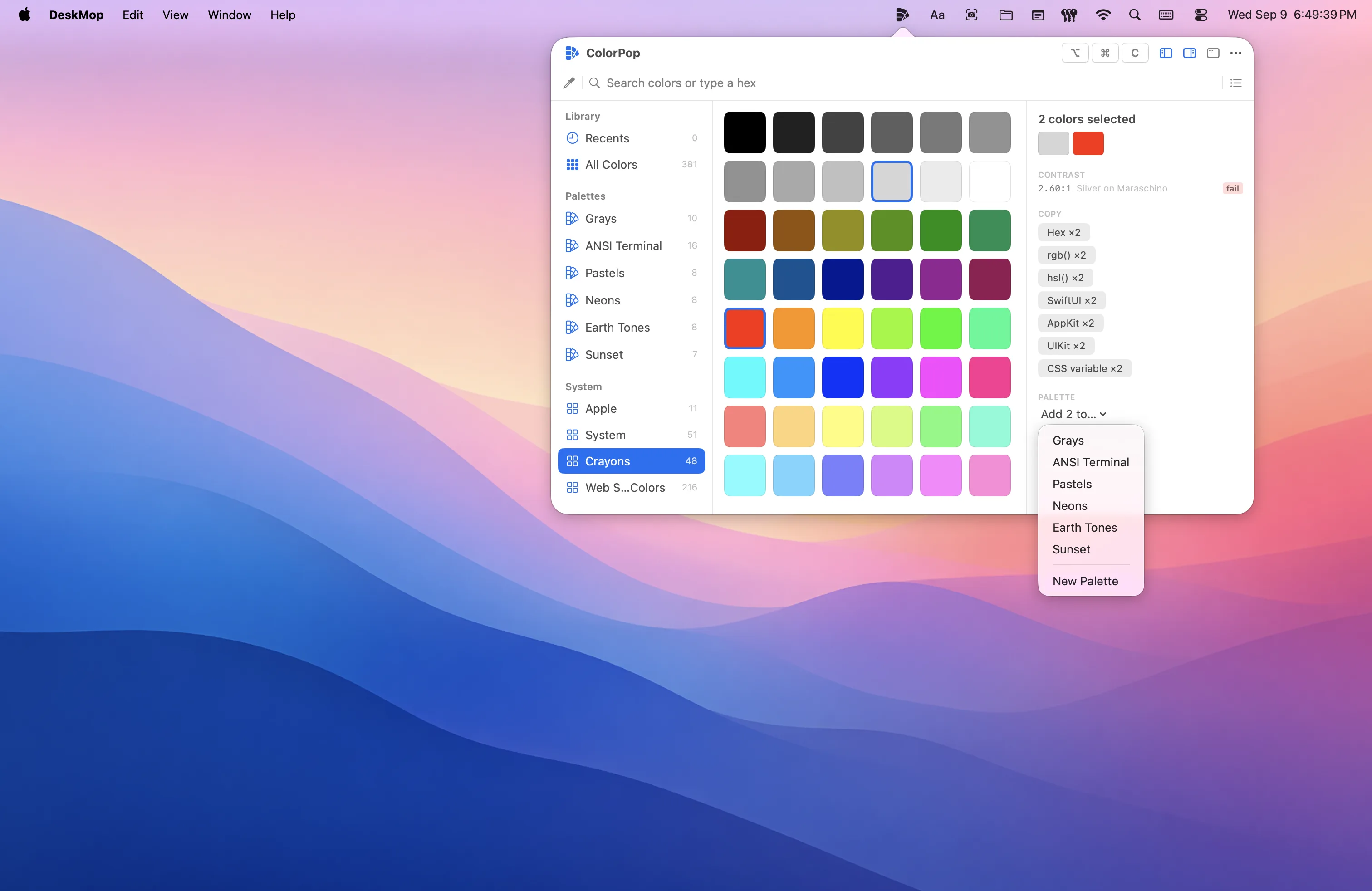 The Crayons list shown as a grid with two swatches selected, their contrast against each other in the details pane, copy formats for the pair, and the menu open to add both to a palette