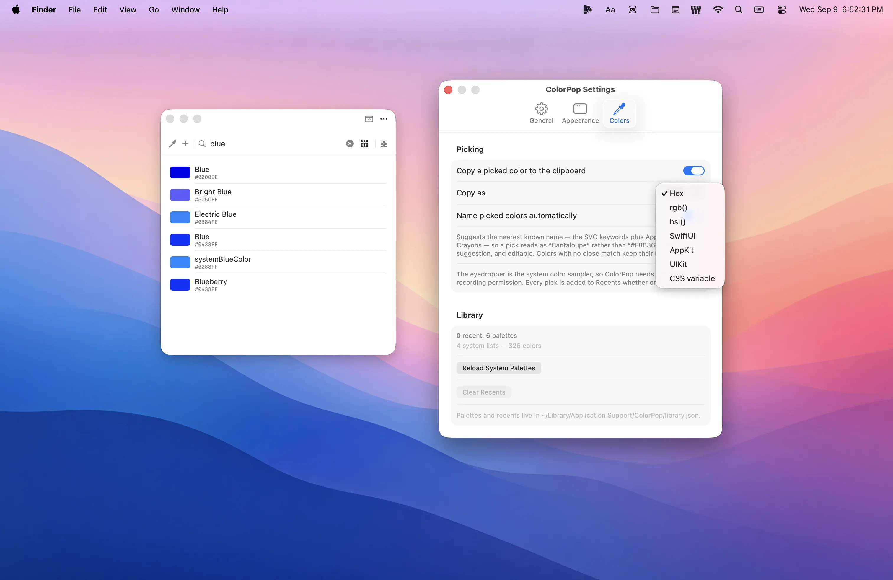 ColorPop as a floating window searching for “blue”, beside Settings showing the copy-on-pick format menu and the automatic colour naming option
