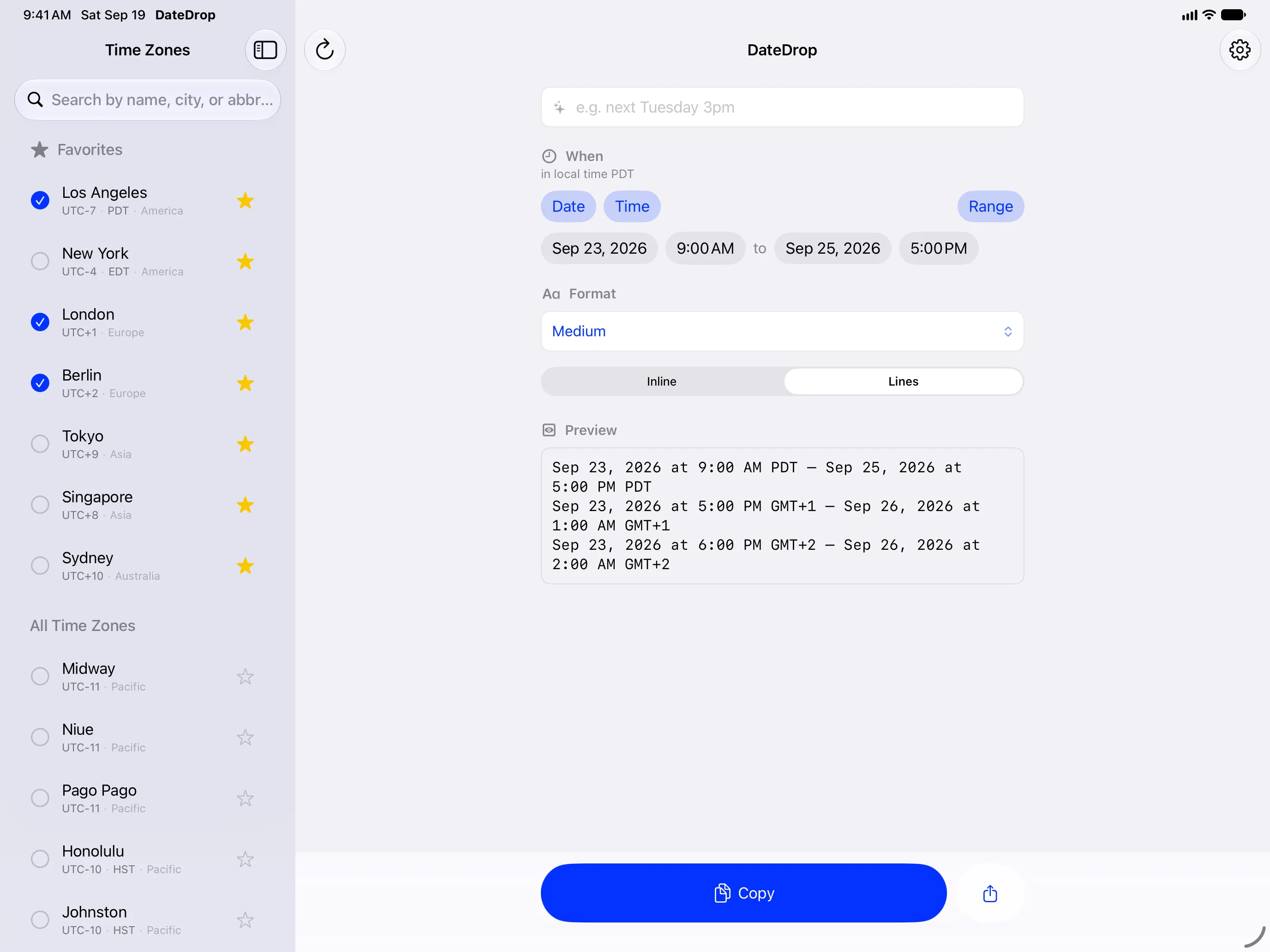 DateDrop on iPad — every time zone in a sidebar with favorites starred, beside a date range formatted into three time zones