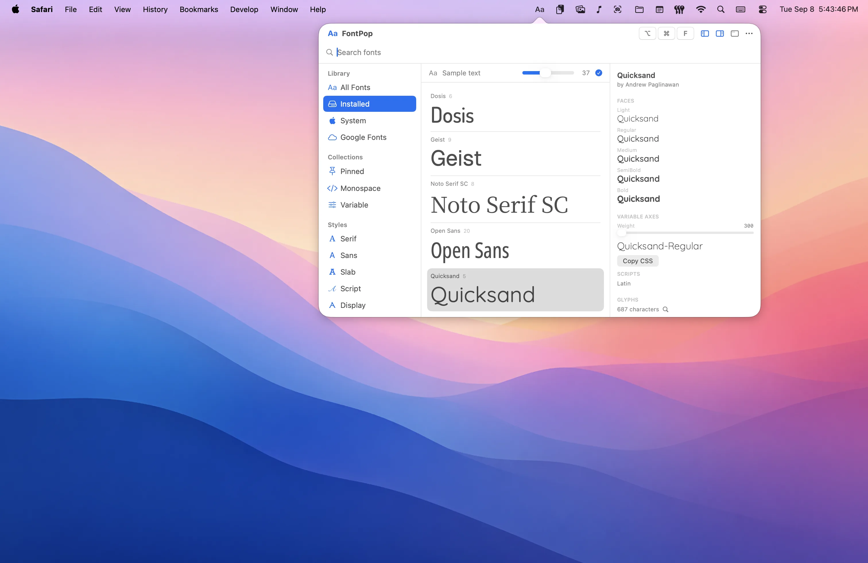 The picker open as a popover, the Installed scope showing Dosis, Geist, Noto Serif SC, Open Sans and Quicksand each rendering the same sample text, with Quicksand&rsquo;s faces, variable weight axis and character count in the details pane