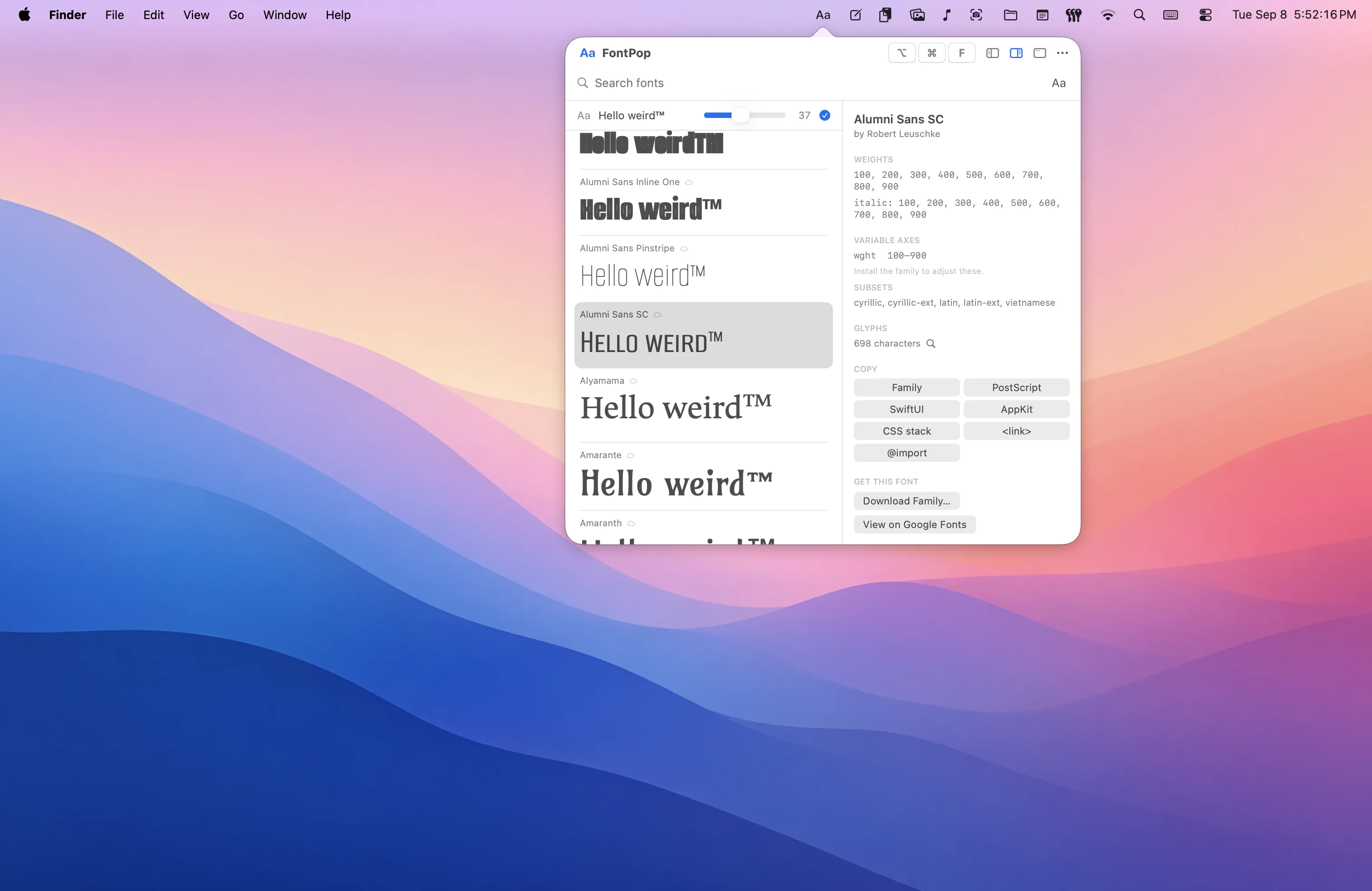 A Google Fonts family selected with the sample text &ldquo;Hello weird&trade;&rdquo;, its weights, variable axis and subsets listed, the grid of copy formats beneath, and Download Family ready to fetch every weight with its license