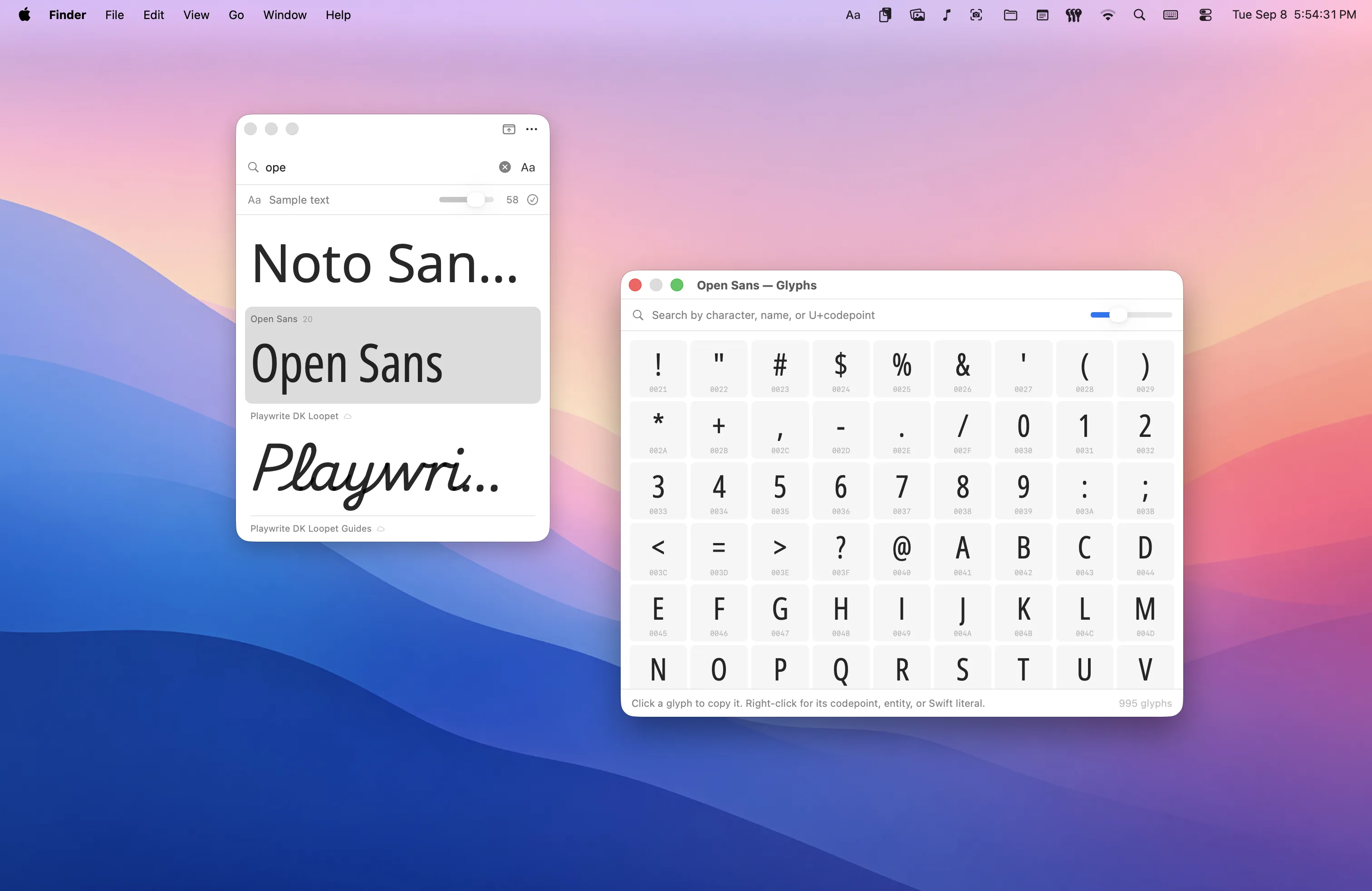 FontPop as a floating window searching for &ldquo;ope&rdquo;, with the glyph browser open on Open Sans &mdash; every character laid out with its codepoint, ready to click and copy