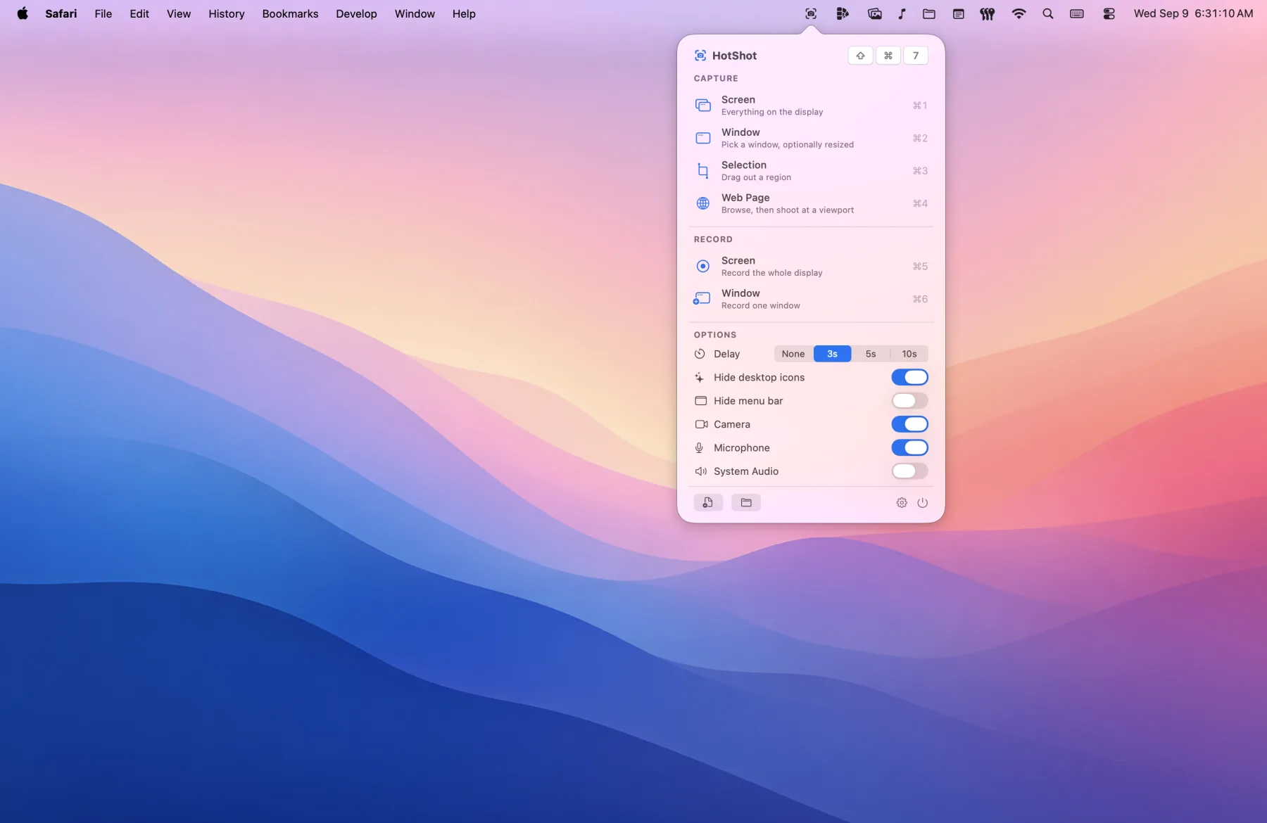 HotShot&rsquo;s capture panel open from the menu bar &mdash; Screen, Window, Selection and Web Page capture, screen and window recording, and options for delay, hiding desktop icons and the menu bar, camera, microphone and system audio