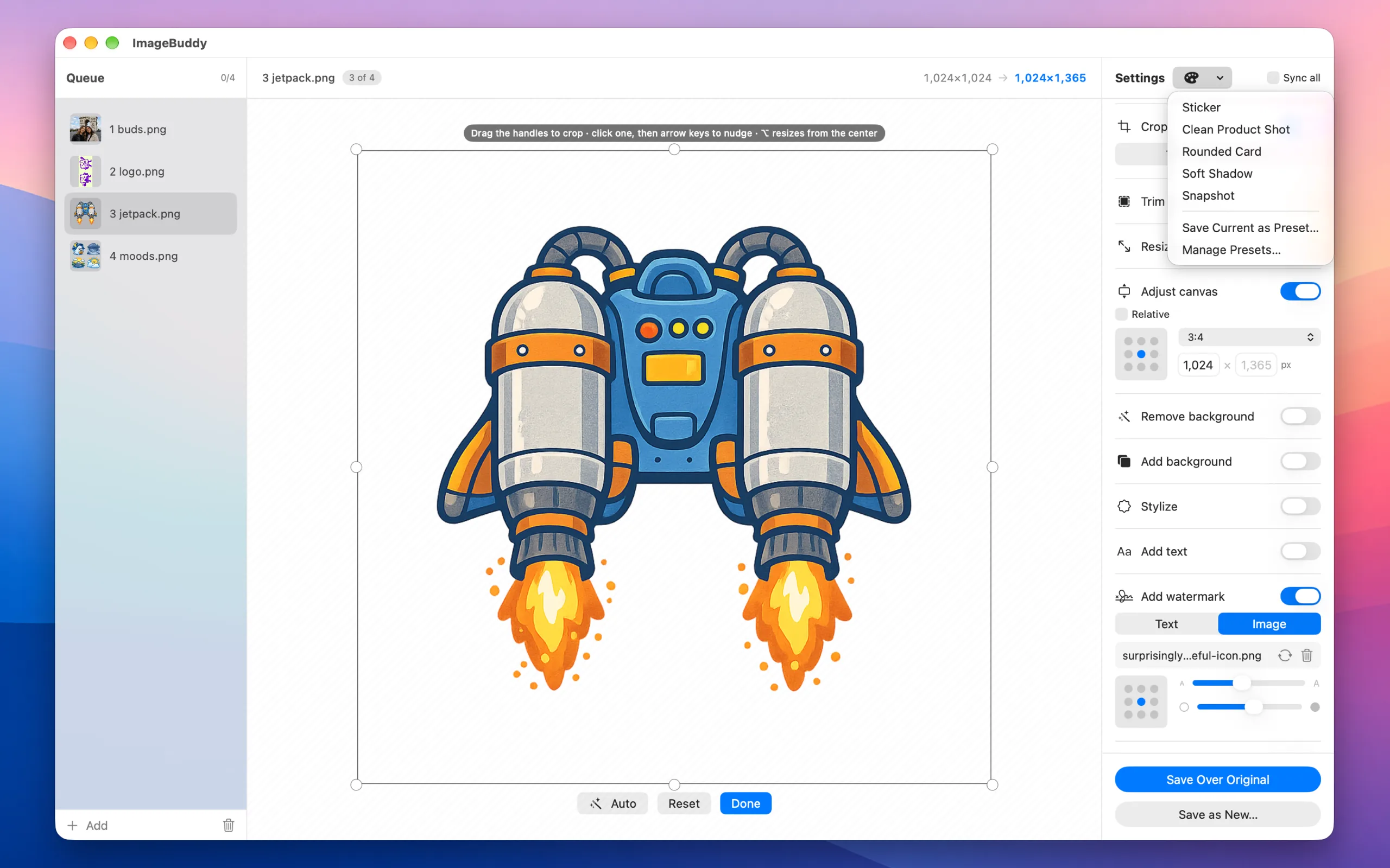 ImageBuddy cropping a jetpack sticker on the canvas and padding it to 3:4 with an image watermark, with the Presets menu open