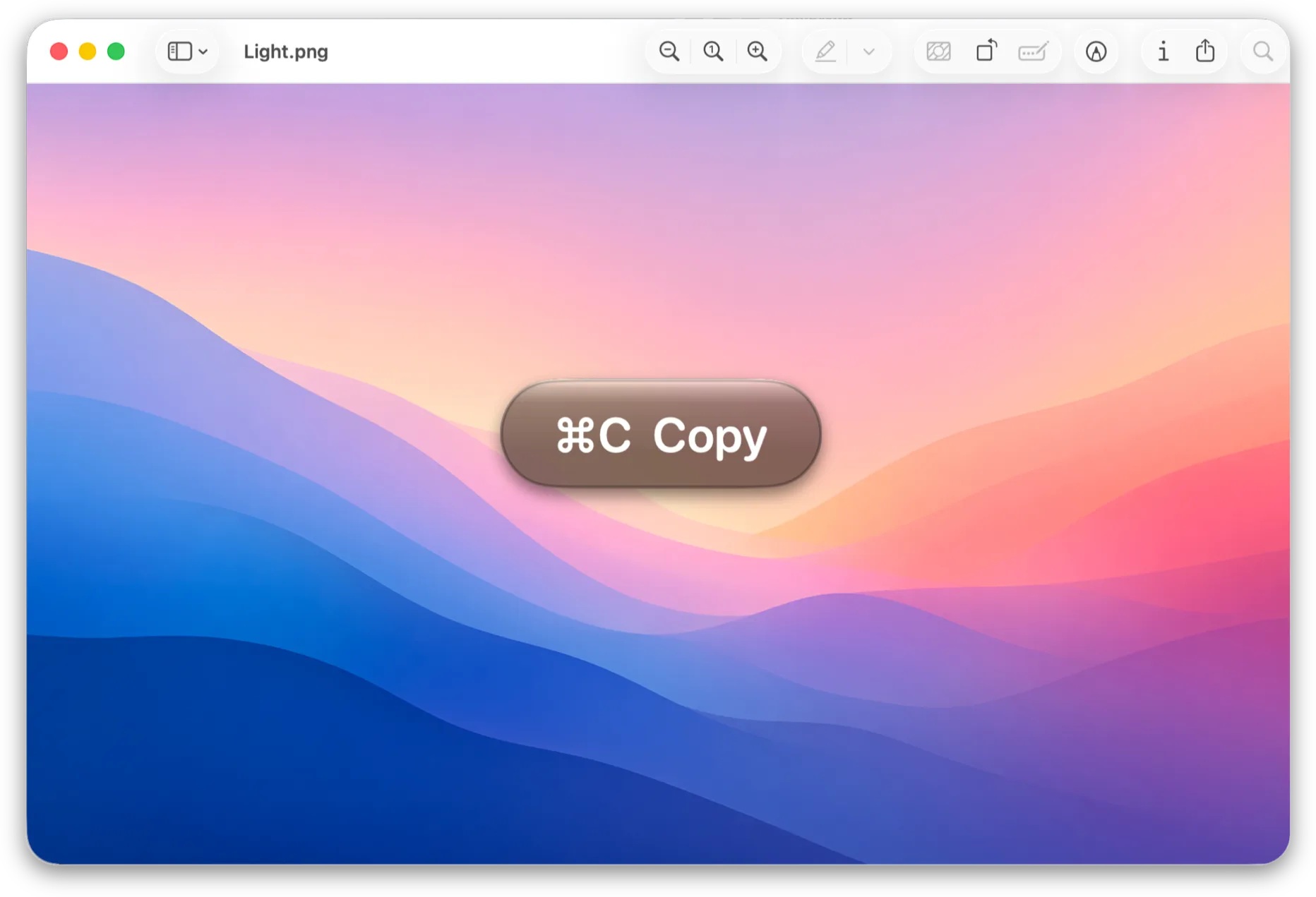 A Mac window filling the screen, with the KeyStruck HUD &mdash; a rounded glass capsule reading ⌘C Copy &mdash; floating over the middle of it