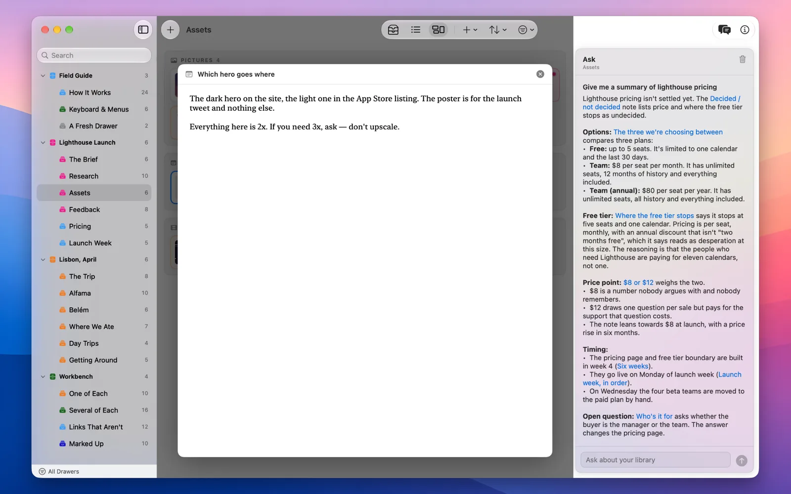 The Ask sidebar beside the Lighthouse Launch cabinet: asked for a summary of the pricing, Claude answers under headings for the options, the free tier, the price point and timing, each point linking to the note it came from
