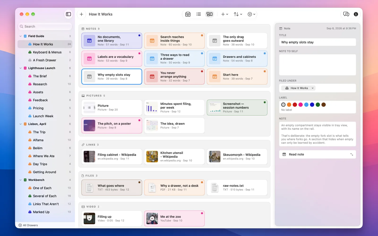 Bento view of the How It Works drawer: nine colored note cards in one block, with pictures, links, files and video in blocks beside them, and the selected note’s details in the inspector