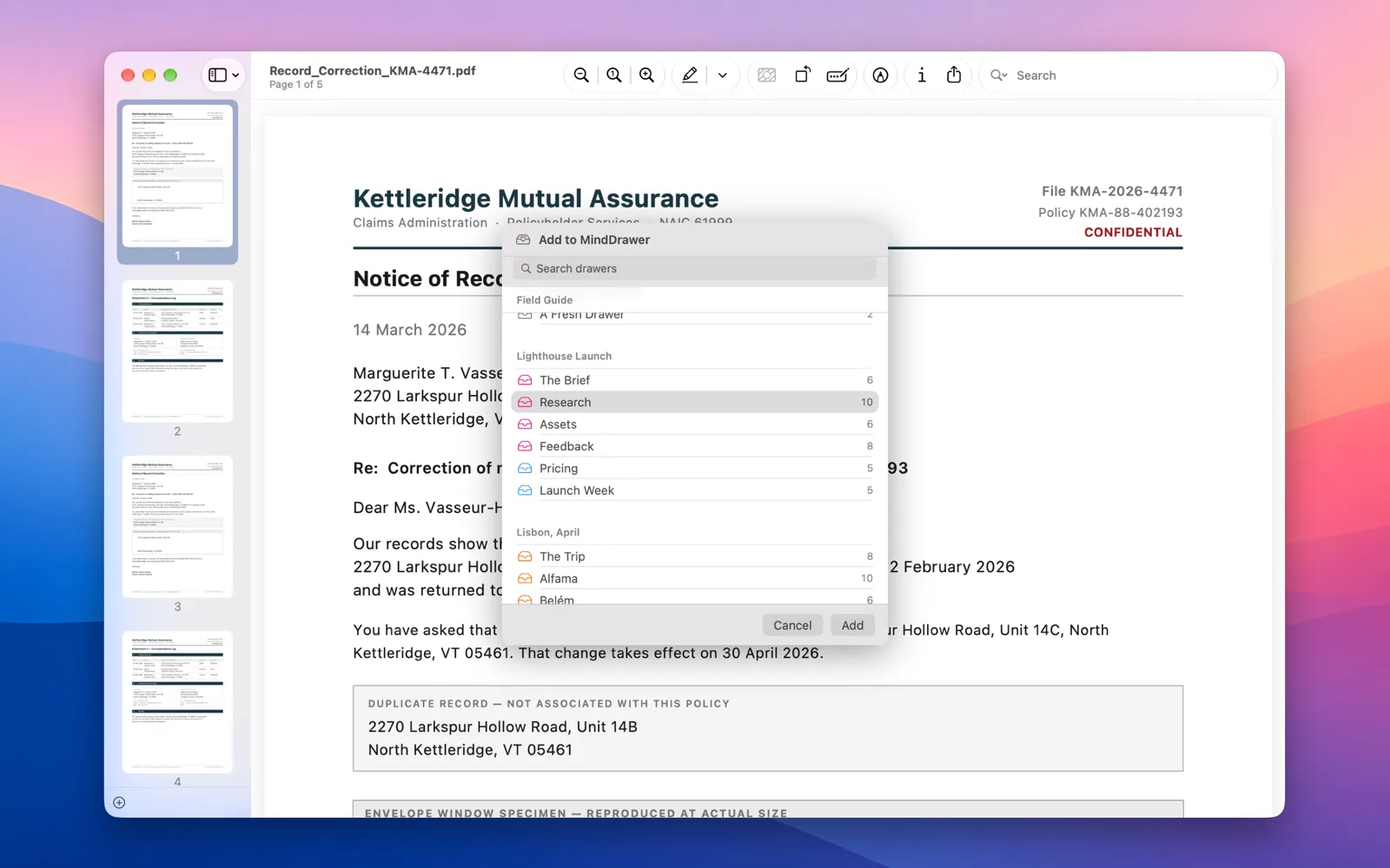 Add to MindDrawer from another app’s Share menu: a sheet over a PDF lists every drawer by cabinet, with a search field, to pick where the document goes