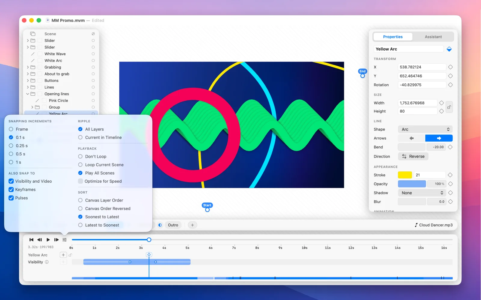 The timeline options popover — snapping increments, snap targets, ripple scope, playback looping and sort order — over a scene of a red ring, a green wave and a yellow arc
