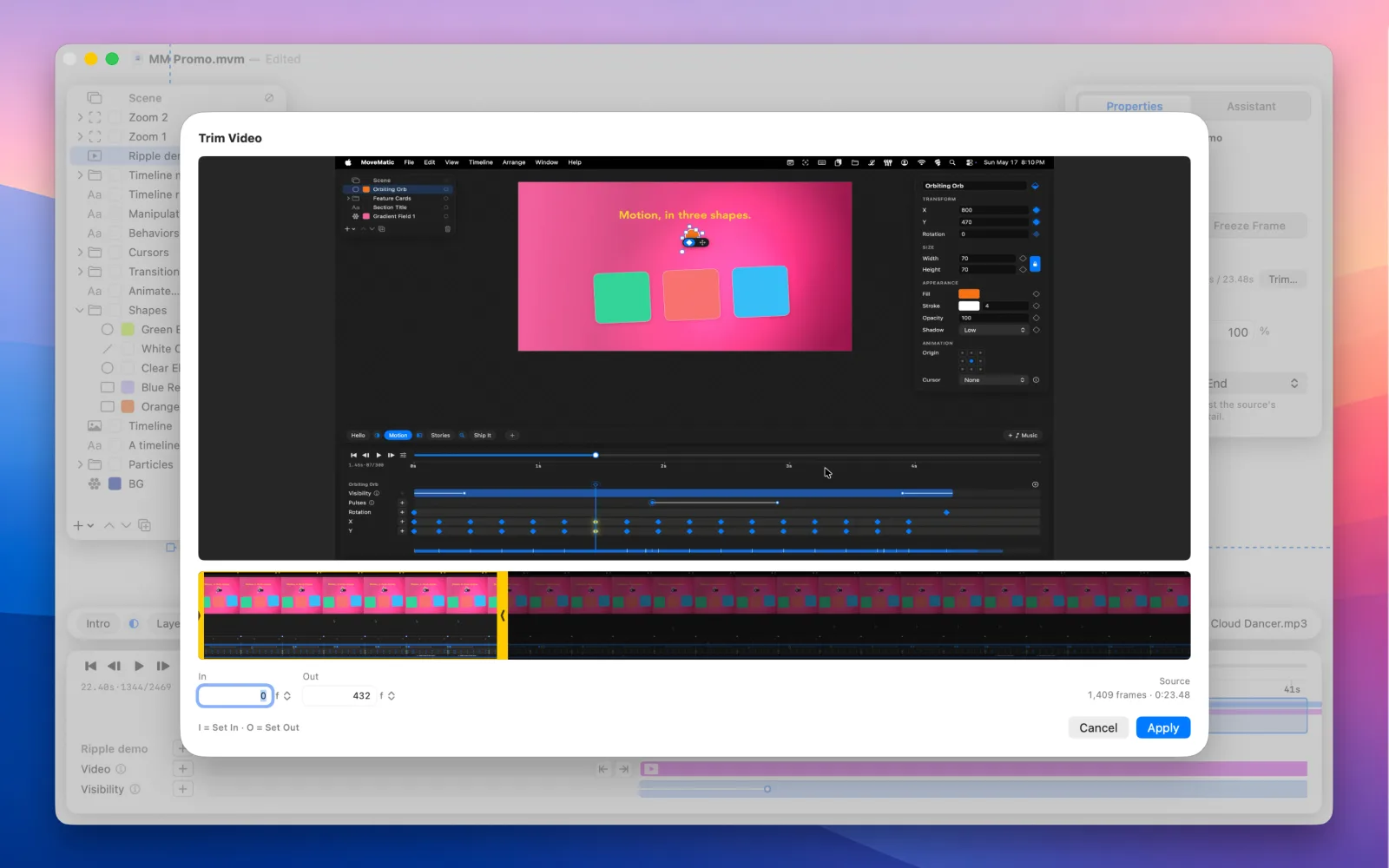 The Trim Video sheet: a screen recording with a filmstrip below and yellow in and out handles marking the kept range