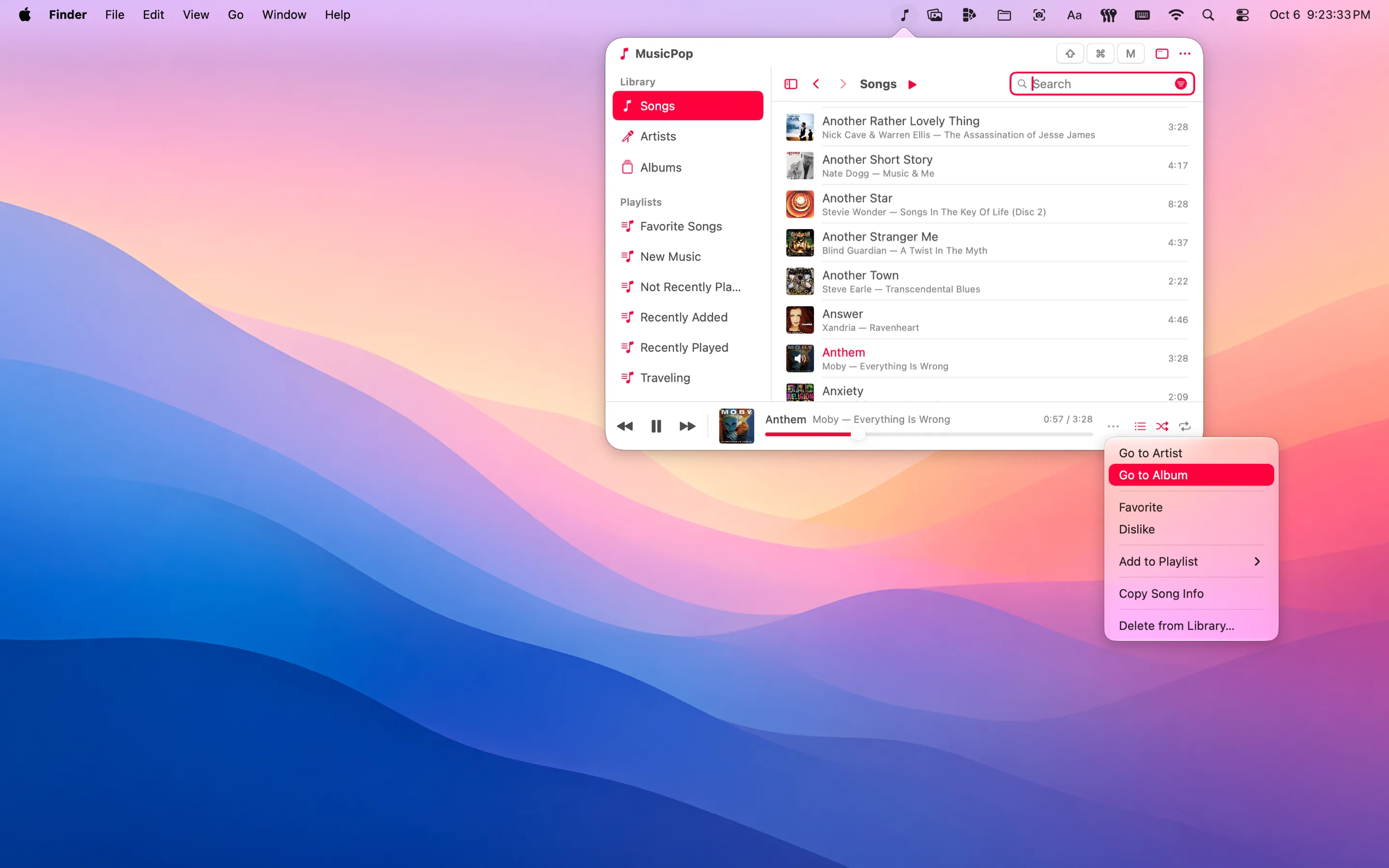 MusicPop's menu bar popover showing the Songs list, with the playing song's menu open: Go to Artist, Go to Album, Favorite, Add to Playlist and more