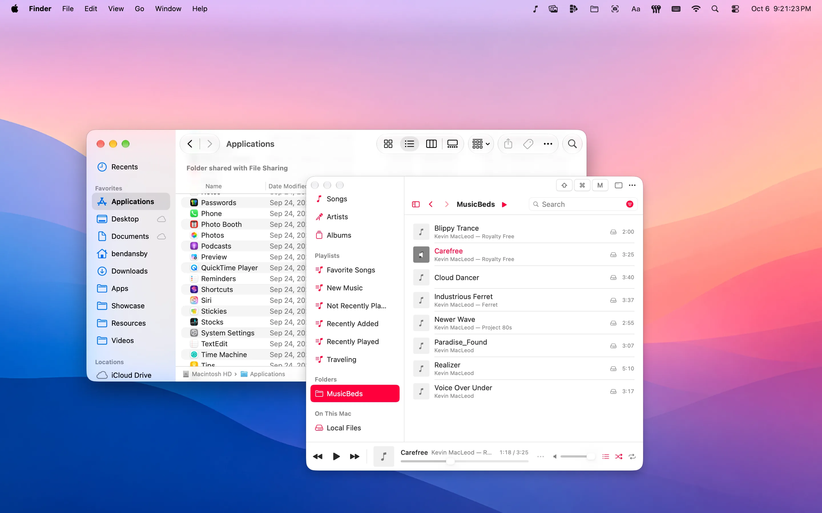 MusicPop as a floating window, browsing a pinned folder of music files that aren't in the Music library