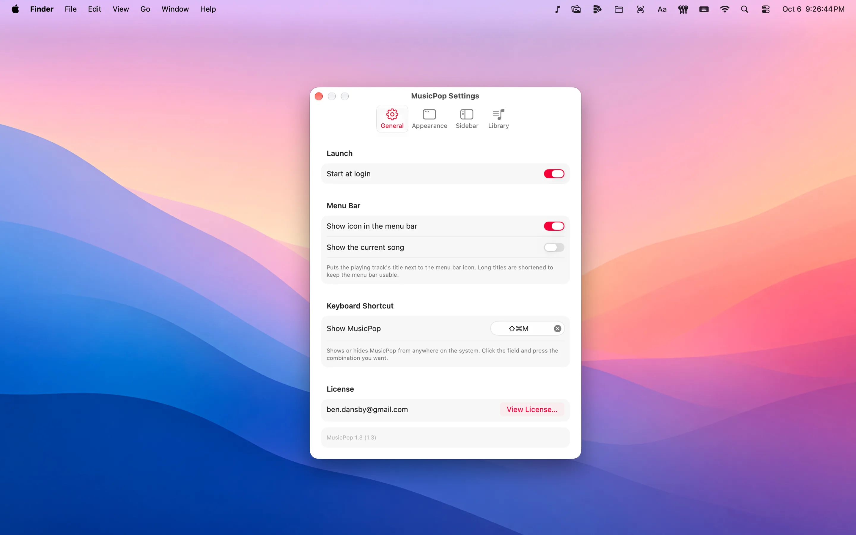 MusicPop's General settings: start at login, the menu bar icon and current song, the summon shortcut, and the license