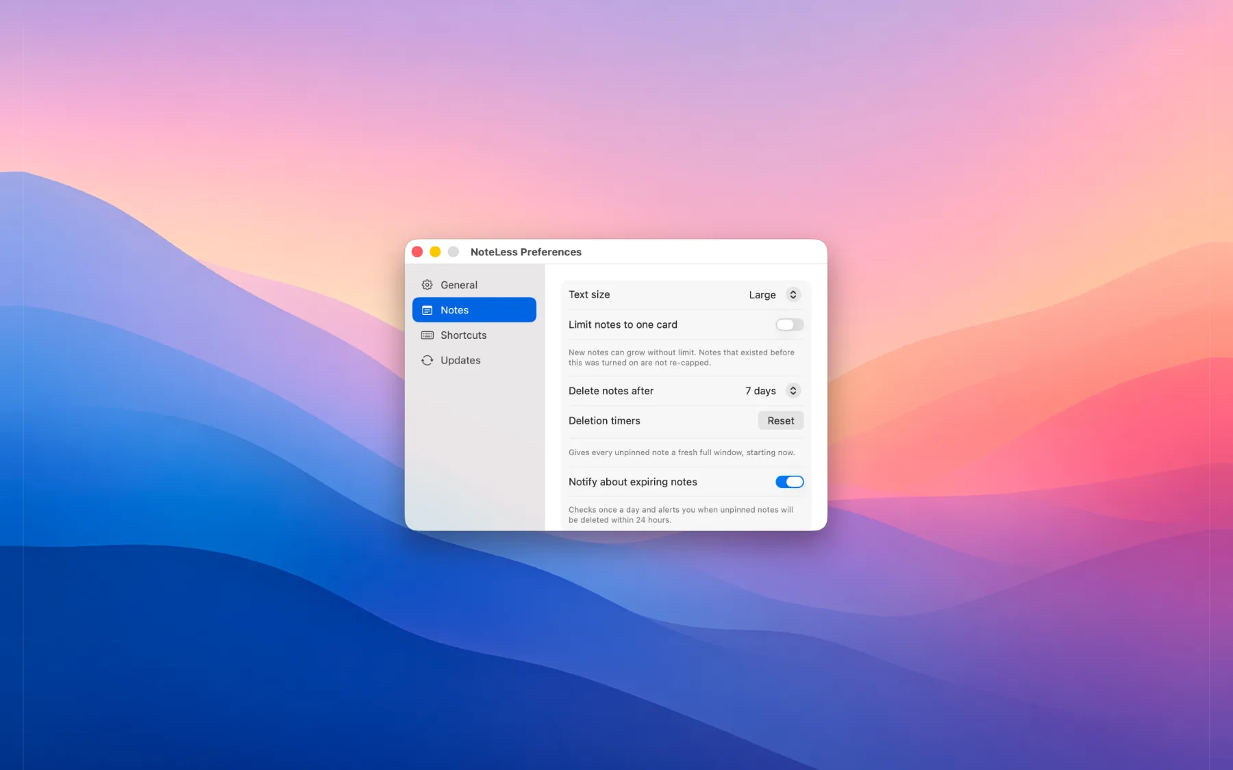 NoteLess Preferences window, Notes tab