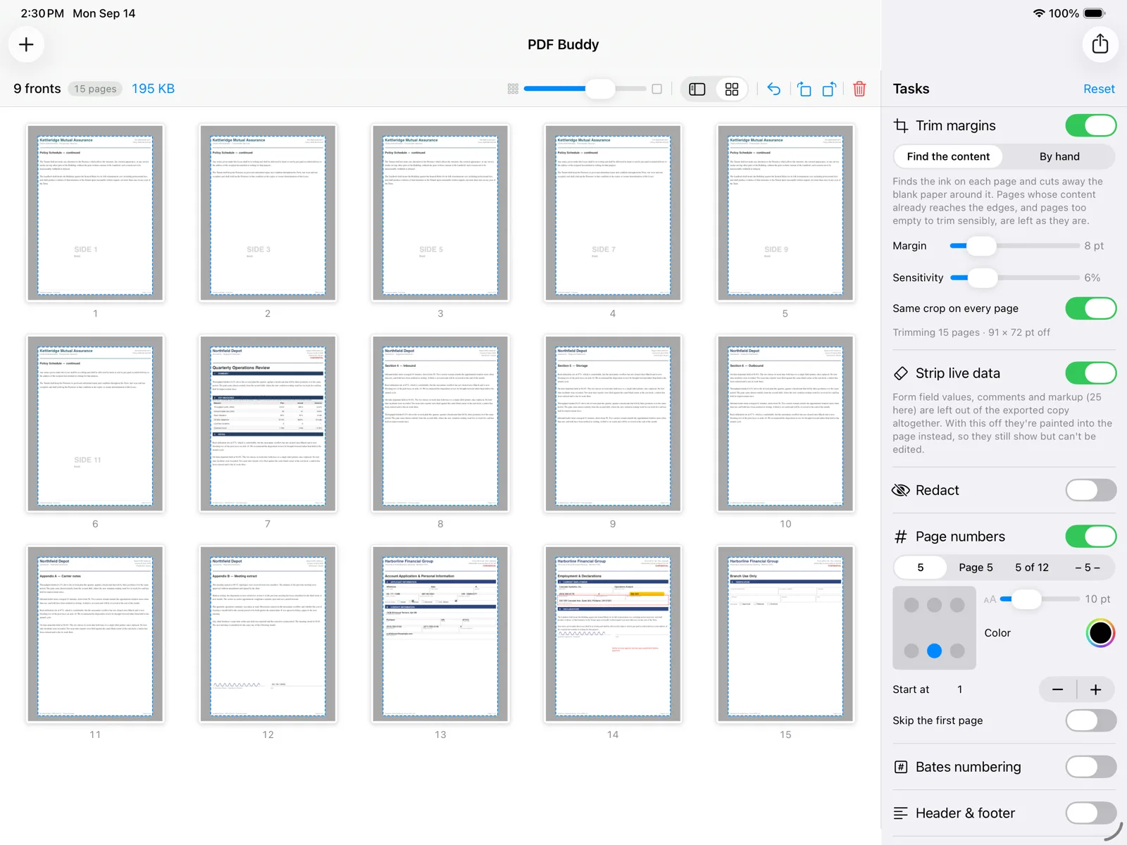 PDF Buddy on iPad — fifteen pages in the grid, each outlined where Trim margins will cut, with Trim margins, Strip live data and Page numbers switched on in the task list
