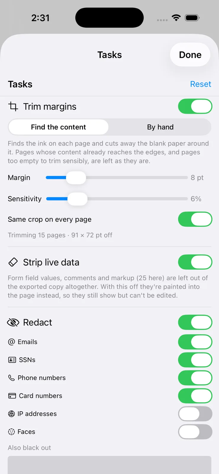 PDF Buddy on iPhone — the Tasks sheet with Trim margins, Strip live data and Redact on, set to black out emails, SSNs, phone and card numbers