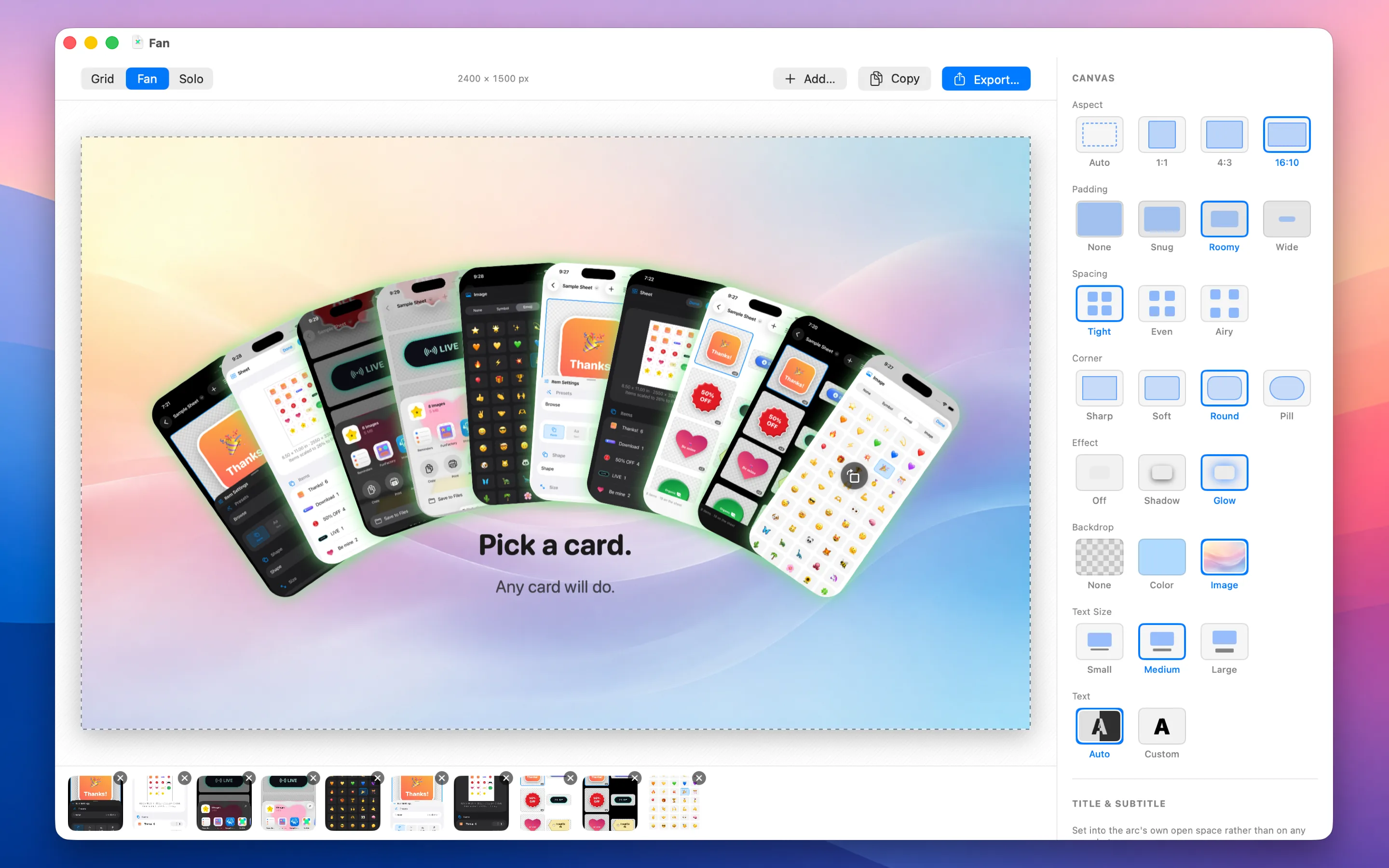 PicPile in Fan mode — screenshots spread from a shared hinge over a picture backdrop, with the title “Pick a card.” set into the arc