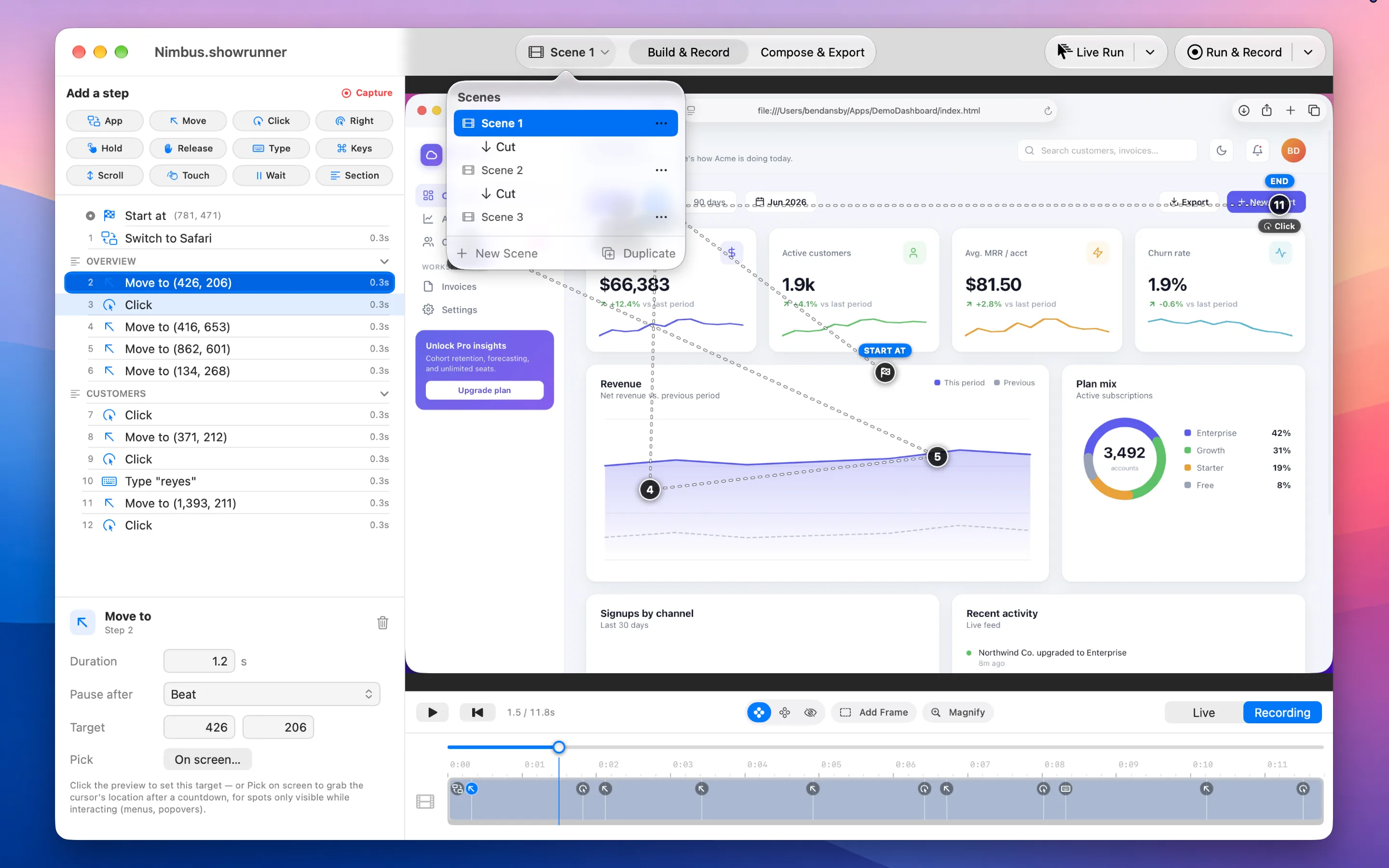 Build & Record: the scene picker open in the toolbar, listing three scenes with the transition between each, over a step list of Moves, Clicks and a typed search beside a dashboard traced with numbered waypoints