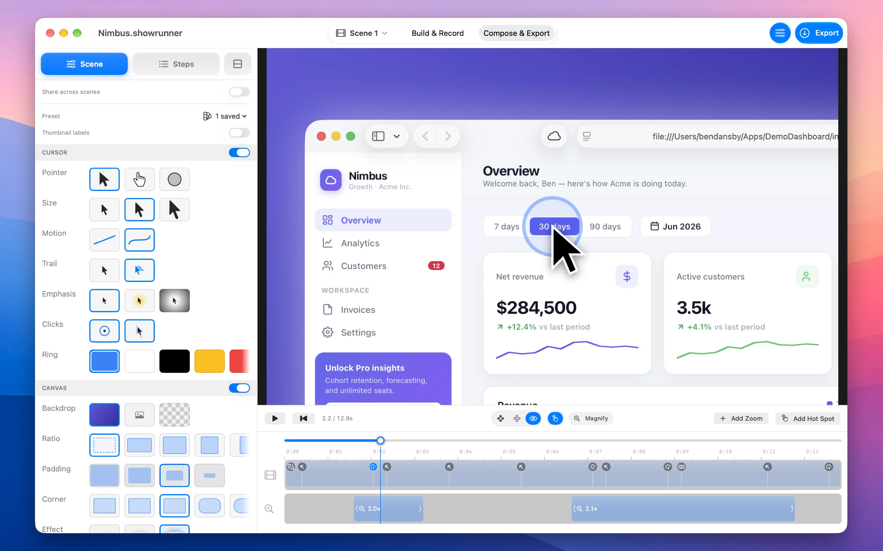 Compose & Export: the Scene inspector's cursor, click-ring and canvas settings beside the preview, with the view controls and Magnify above a timeline carrying two zoom spans