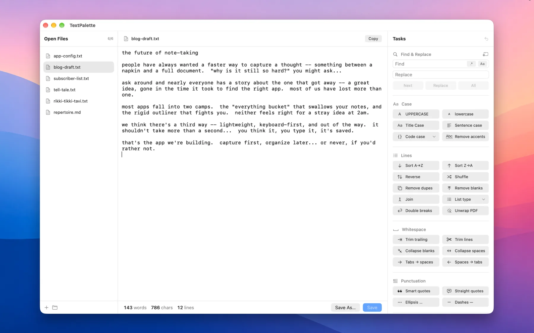 TextPalette editing a blog draft with the Open Files queue on the left and the task sidebar of case, code case, line, list, whitespace, and punctuation tools on the right