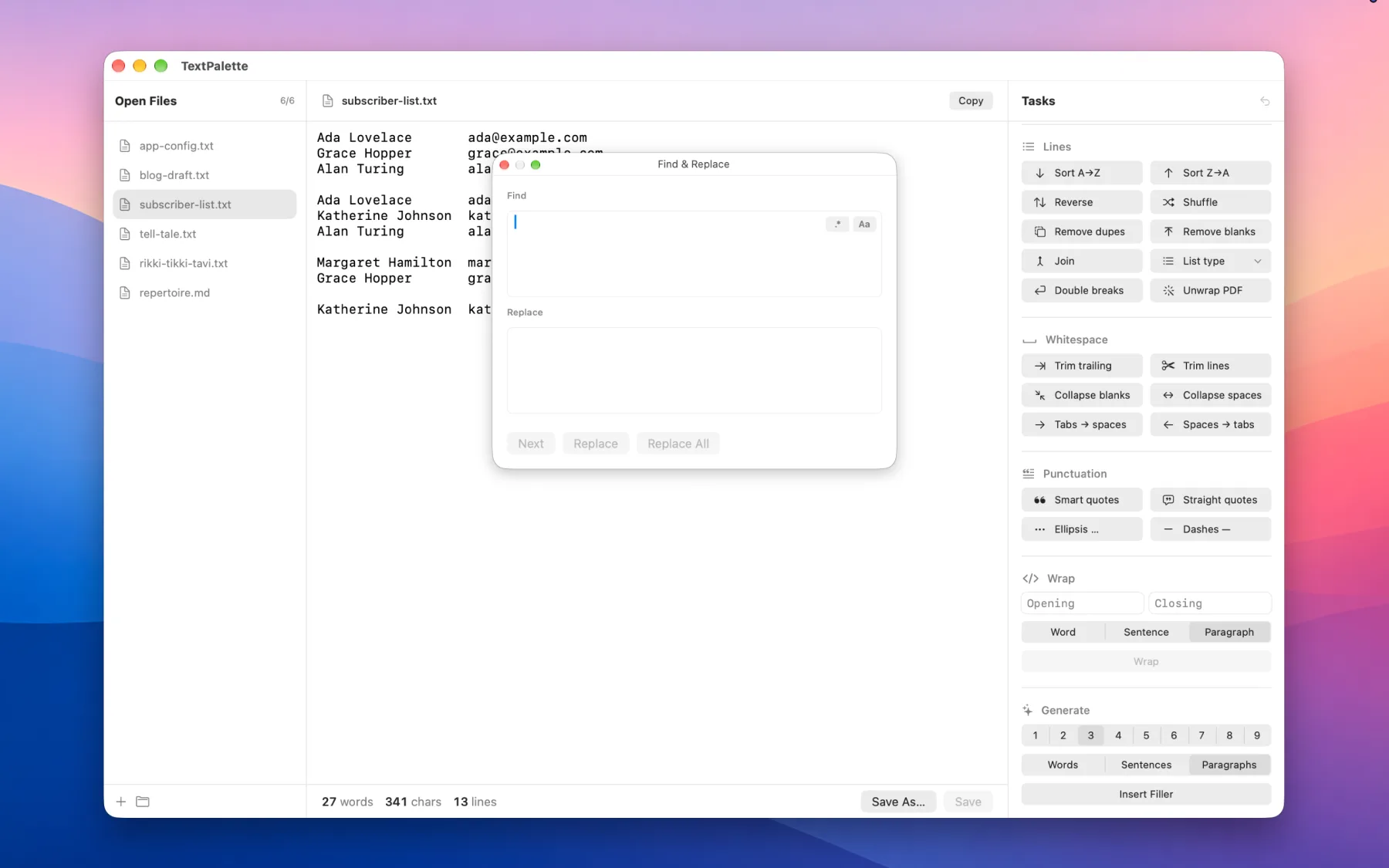 TextPalette's Find & Replace window popped out over a subscriber list, with multiline Find and Replace fields and regex and match-case toggles