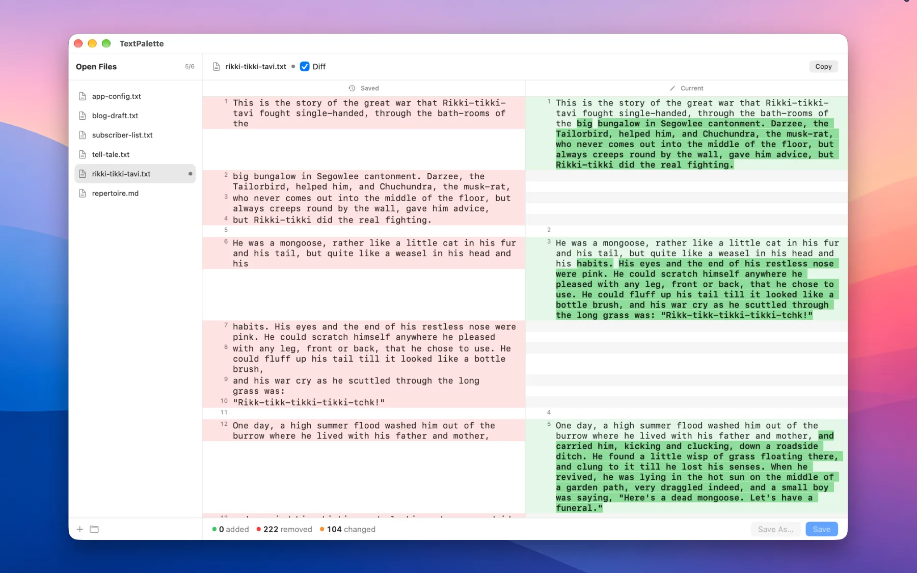 TextPalette's Diff view showing the saved file and the current edits side by side, with the exact changed text highlighted and a count of added, removed, and changed lines