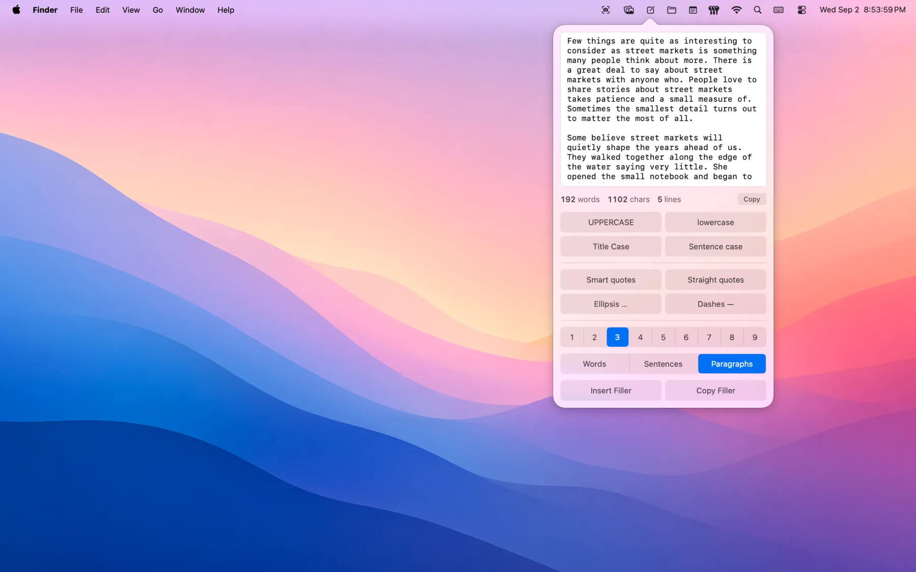 TextPalette's menu-bar scratch pad open over the desktop, generating filler paragraphs with the case and punctuation buttons