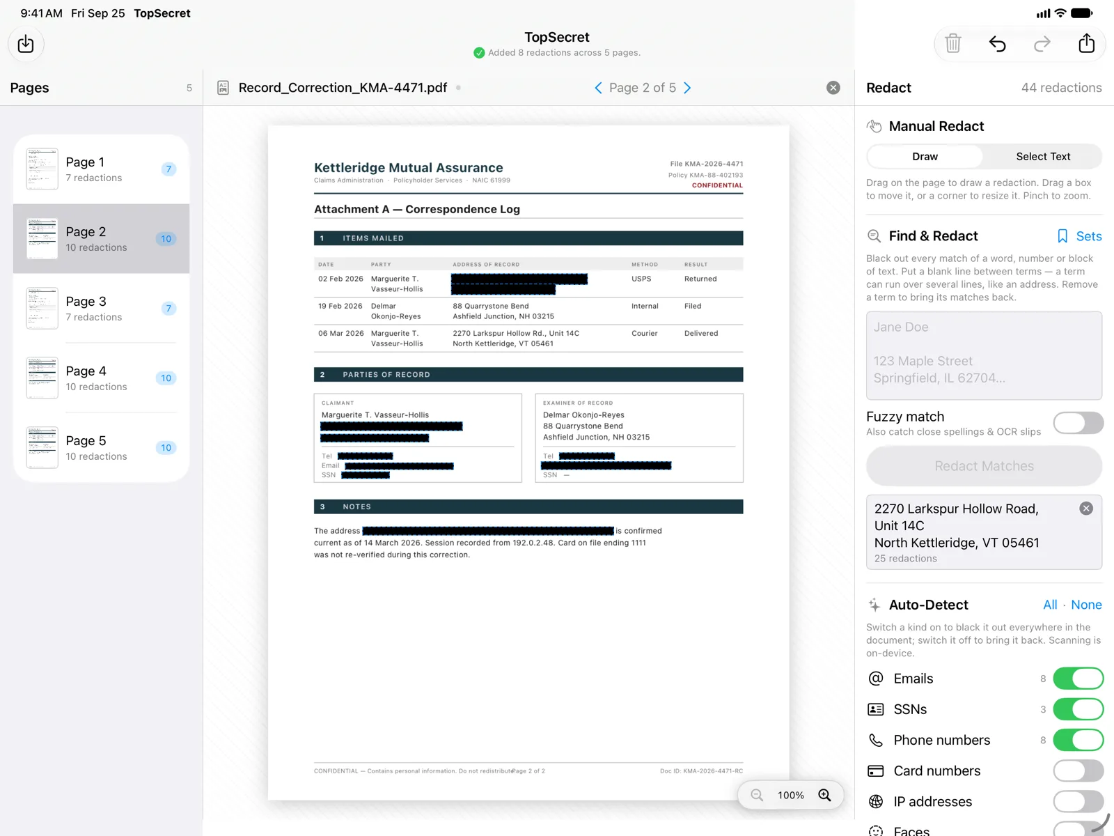TopSecret on iPad — a five-page PDF with the page list tracking redactions per page, beside the Redact sidebar with its Auto-Detect switches