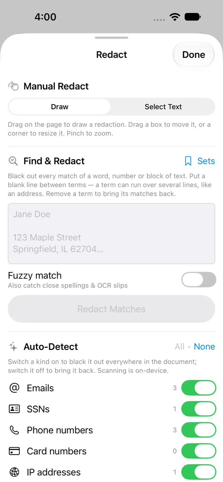 TopSecret on iPhone — the Redact sheet with Manual Redact, Find & Redact and the Auto-Detect switches