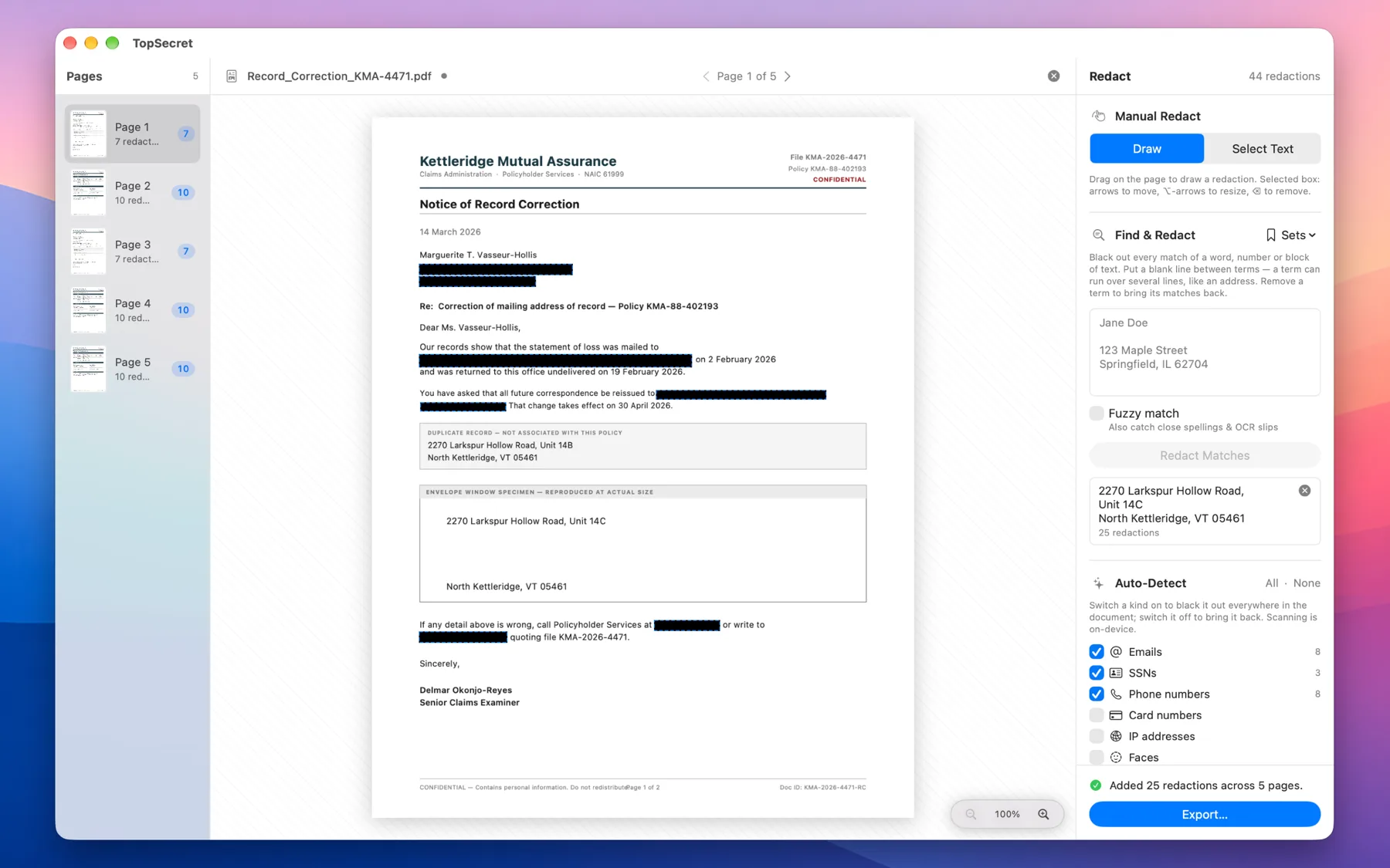 TopSecret on a five-page PDF with Emails, SSNs and Phone numbers switched on in Auto-Detect and an address on the Find & Redact list — 44 redactions across the document